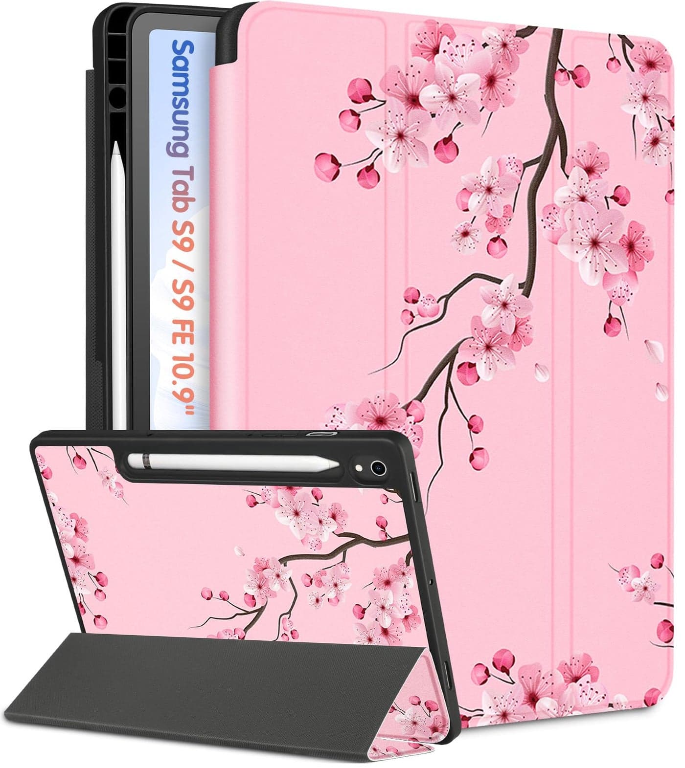 Wazzasoft for Samsung Galaxy Tab S9 FE 5G Case, for Samsung Galaxy Tab S9 Cute Women Girls, Flower Girly Pretty Design Folio Cover with Pencil Holder, Floral for Galaxy Tablet S9/ S9 FE Case