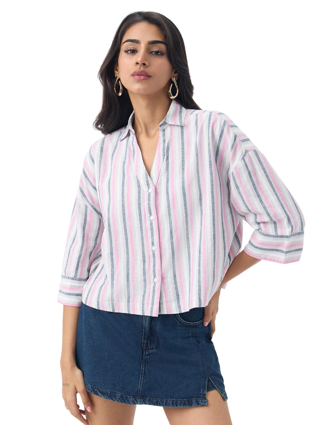 The Souled Store Cotton Linen Shirt: Linette Women and Girls Drop-Shoulder Sleeves Spread Collar White with Pink and Blue Stripes Lightweight Casual Oversized Shirt