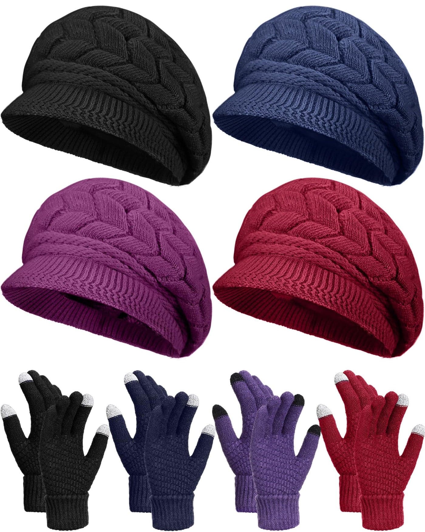 Newcotte 8 Pcs Women Hats Gloves Winter Set, Warm Cap Beanie Hat Knit with Visor Snow Ski Caps and Touch Screen Gloves(Black, Burgundy, Purple, Dark Blue)
