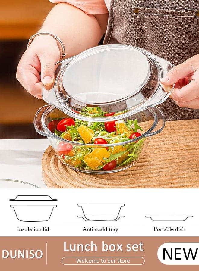Clear Round Glass Casserole Dish, Glass Casseroles with Lid, Glass Bowls Bakeware Dish Microwave Safe, Durable Borosilicate Glass Bakeware Bowl for Breakfast Rice Salad Fruit Yogurt