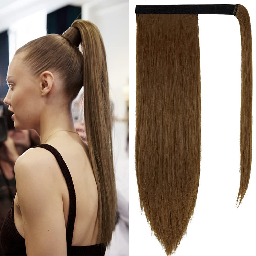 OMGREAT Ponytail Extension Long Straight 28 inch Wrap Around Clip in Synthetic Fiber Hair for Women (Light Chestnut Brown)