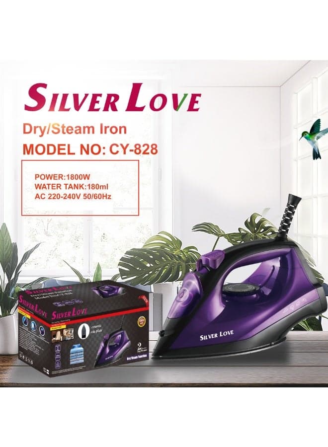 Silver Love CY-828 Dry Steam Iron – Powerful 1800W Fast Heating with Non-Stick Soleplate for Smooth Wrinkle-Free Clothes Every Day at Home and Travel Use