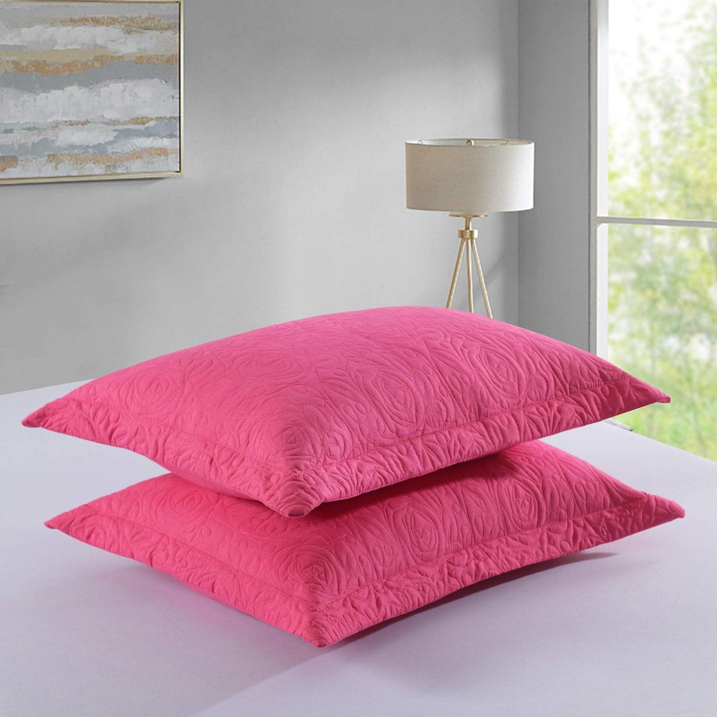 MarCielo 2Piece Embroidered Pillow Shams King Decorative Microfiber Pillow Covers Set King Size Hot Pink