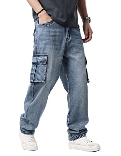 Idopy Men`s Loose Fit Motorcycle Multi-Pockets Workwear Denim Cargo Jeans Plus Size (2671 Blue, 40)