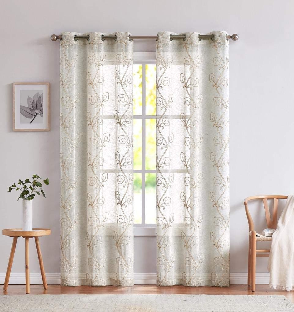 Dainty Home Stella 3D Floral Chenille Embroidered Solid Sheer 76 x 96 Window Curtain Panel Pair in Linen