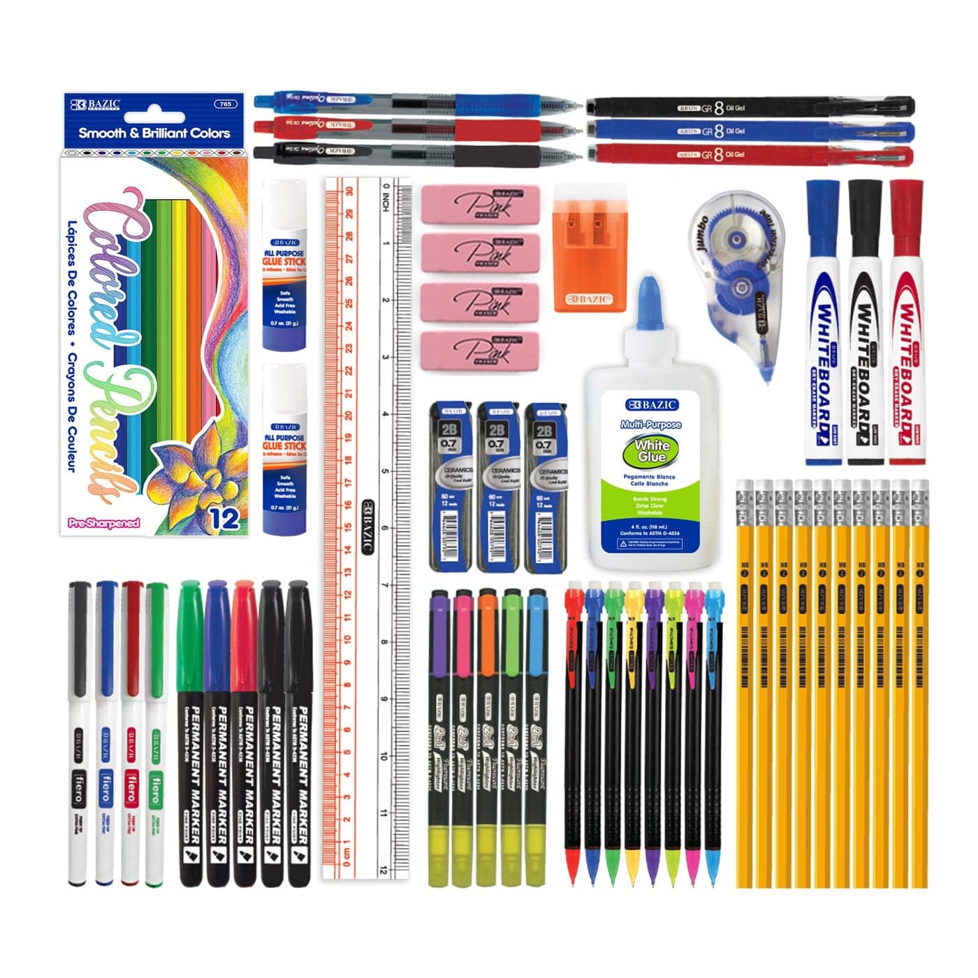 BAZIC School Kit 66 Pieces School Supplies Bundle Pack for K12 Grade Student Pencil Eraser Highlighter Dry Erase Marker Glue Correction 1Pack