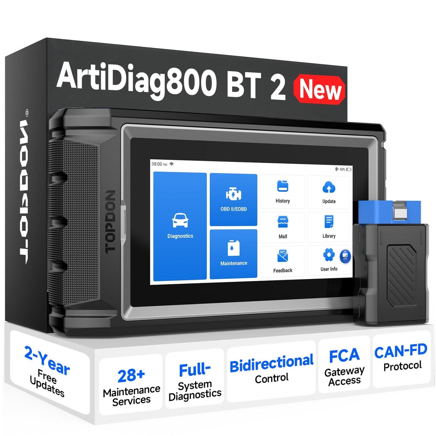TOPDON Scanner AD800BT V20 Bidirectional Scan Tool Full Systems Diagnostic Tool for All Vehicles Automotive Diagnostic Scanner for Car 28 Services FCA AutoAuth CANFD 2 Years Free Update