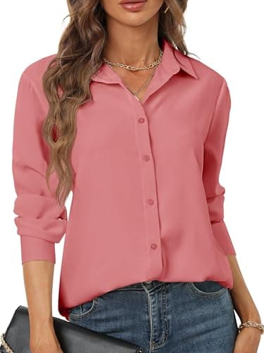 hearain Womens Button Down Shirts Long Sleeve Chiffon Blouse Basic Classic Collared Soft Shirt Rouge Pink Size XXS