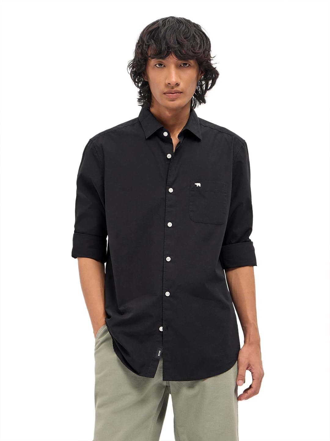 THE BEAR HOUSE Men's Black Slim Fit Solid Cotton Woven Casual Shirt