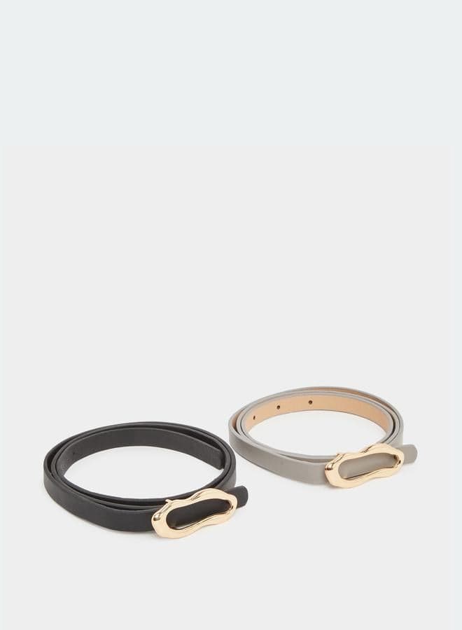 Set of 2 - Textured Buckle Slim Belt