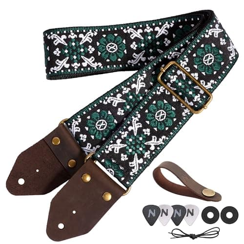 Nefelibata Guitar Strap,Jacquard Embroidery Cotton Guitar Straps with Crazy Horse Leather Ends for Bass, Electric & Acoustic, Best Gifts for Guitarists(Dark Green Flower Embroidery)