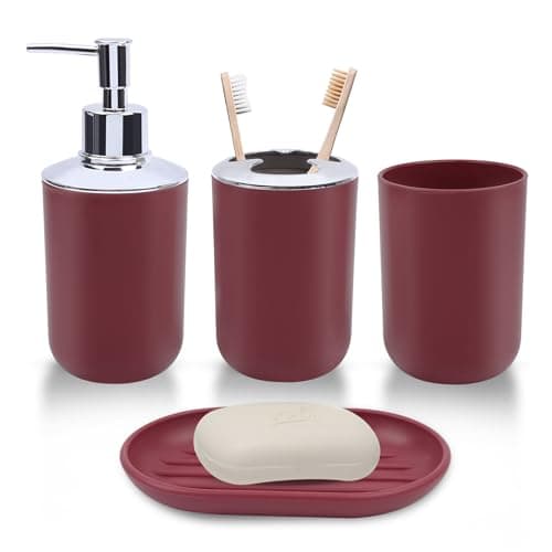 LGURT Red Bathroom Accessories Set 4Piece Plastic Bathroom Set with Soap Dispenser Toothbrush Holder Rinse Cup Soap Dish Bold Red Bathroom Decor for Home