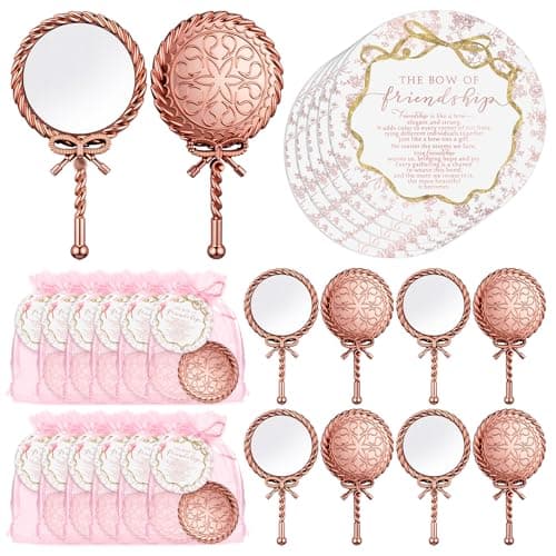 Amyhill 12 Sets Friendship Gifts for Women Bulk Pink Handheld Mirrors Portable Princess Mirrors and Cards Friendship Party Favors for Women Friends