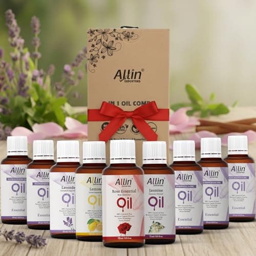 Allin Exporters 9 in 1 Aroma Oil Combo Pack- Lavender, Rose, Citronella, Eucalyptus, Peppermint, Sandalwood, Lemon Grass, Lemon, Jasmine (9 x 15ml) Essential Oil for Home Fragrance, Aromatherapy