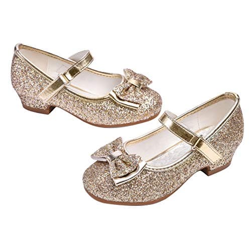 Stelle Girls Dress Shoes Glitter Princess Shoe Flower Mary Jane Low Heels Party Wedding Prom Footwear for Toddler Kids(T08-Gold, 9MT)