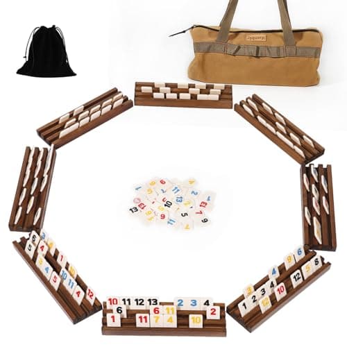 Jyquorp Rummy Cube 8Player Edition with 8 Wooden Racks Trays 214 Numbers Rummy Tiles Set with Zippered Case Rummy Travel Game Set Classic Board Games for Family Adults Party