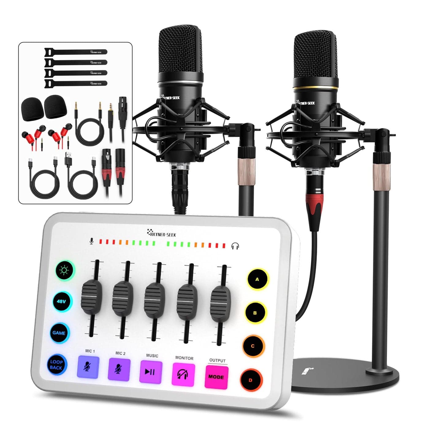 Podcast Equipment Bundle for 2 Streaming Audio Interface with 5 Channel XLR Microphone Interface RGB48V Phantom Power Perfect for GamePodcastRecordTikTokWhite H1