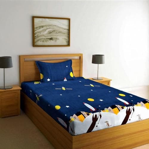 PrettyKrafts Cotton Space Rocket Kids Single Bedsheet with 1 Pillow Cover | 220TC Ultra Soft & Luxurious Kids Bedsheet for Cozy Comfort | Wrinkle & Shrink Resistant Breathable Bedsheet (60x90 Inch)