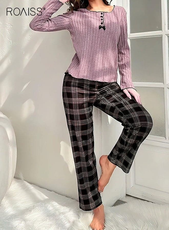 Women's Comfy Pajama Sets Long-Sleeve Bow-Decorated Pullover Henley Shirt and Plaid Pants Loose-Fitting Loungewear Sleepwear Soft Pjs Lounge Sets for Ladies