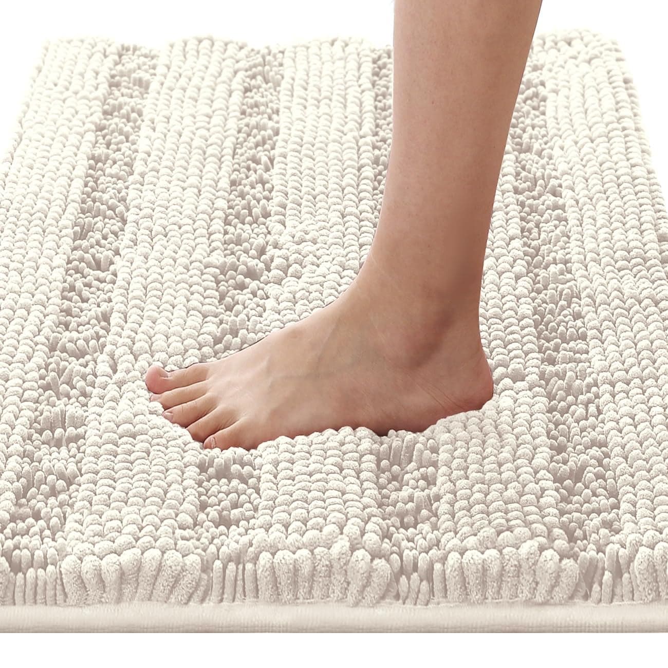 HVERSAILTEX Bath Rugs for Bathroom Non Slip Bath Mats Extra Thick Chenille Striped Rug 20 x 32 Absorbent Non Skid Fluffy Soft Shaggy Washable Dry Fast Plush Mat for Indoor Bath Room Tub Ivory
