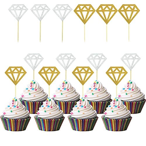 60 Pack Glitter Diamond Cupcake Toppers for Bridal Shower Engagement Wedding Party Birthday Diamond Ring Topper for Donuts Diamond Donut Picks Cake Decorations Dessert Supplies Silver Gold