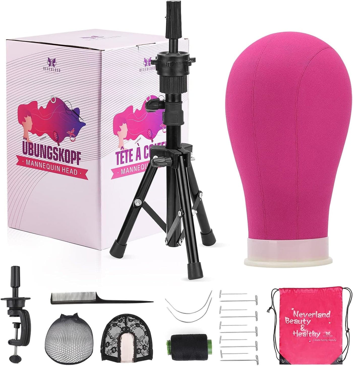 Neverland Beauty Health Wig stand with HeadWig Head Mannequin Head with Wig Stand TripodManikin Canvas Head Set for Wigs Making Display with Wig capsT Pins Set Bristle BrushRed