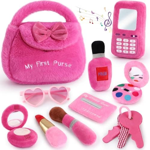 Golray Plush Toddler Purse Baby Girl Pretend Play Toy 10 Pcs My First Purse with Soft Sensory Toy SmartphoneCrinkle Makeup Beauty Playset for Toddler Baby Girl Christmas Birthday Gift Ages 3 4 5