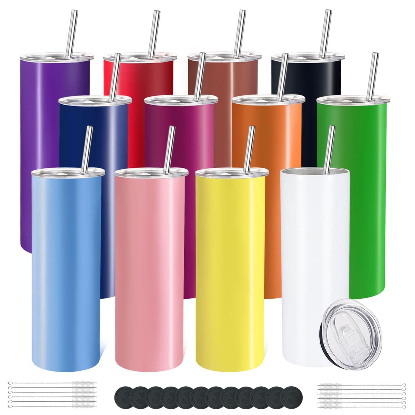 YOUKE OLA 12 Pack Stainless Steel Skinny Tumblers 20oz Bulk Straight Double Wall Vacuum Insulated Tumbler with Lid and Straw Silicone Base for Travel DIY 12 Colors