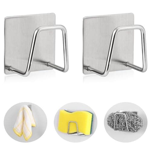 Luckyiren 2Pack Stainless Steel Sponge Holder for Kitchen Sink Rustproof Brushed SUS304 Sponge Caddy Organizer WallSurface Mount Drainage Design ClutterFree Storage