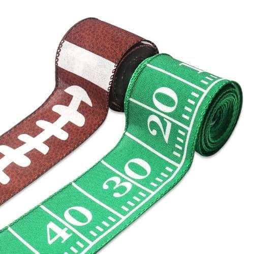 Estivaux 2 Rolls Football Ribbons for Crafting Football Wired Edge Ribbon Green Brown Burlap Ribbon Bow Sports Rolls Ball Wired Ribbons for Gift Wrapping Sports Ball Game Sewing DIY Crafts Supplies