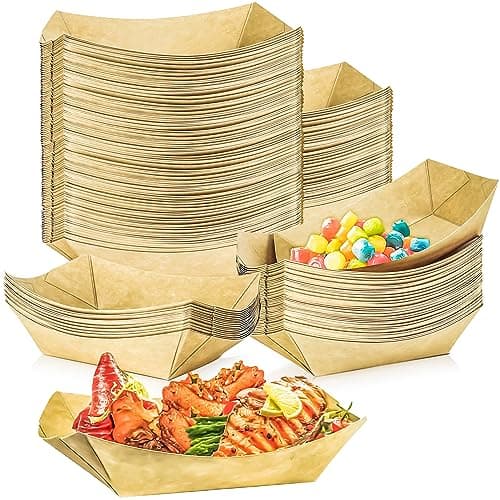 MotBach 100 Pack 1Lb Paper Food Boat Trays Disposable Paper Boat Plates Containers Kraft Food Serving Tray Boats Bowls for Snack Popcorn Fries BBQ HotDog Sandwich Dessert Taco Nacho