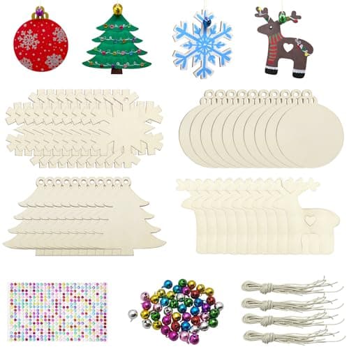 Hidreas 40 Pcs Wooden Ornaments Unfinished Christmas DIY Ornaments Craft Kit Christmas Wood Ornaments with Bells Wax Rope and Rhinestone Stickers for Children Arts and Crafts Supplies