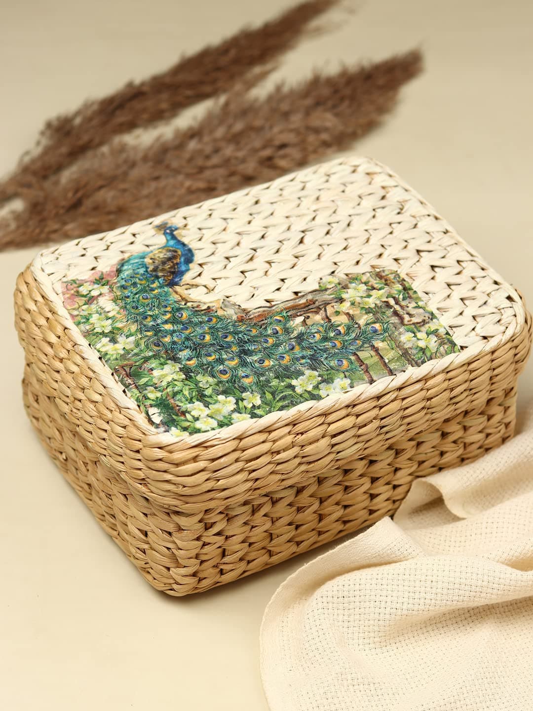 Habere India-All the Cultures Fabricating India Storage Basket with lid | Cane Baskets for Storage | Jute baskets | Bamboo basket | Seagress Lid Box - Rectangular, Beige, Sizes - 24 x 18 x 11 CM (08)