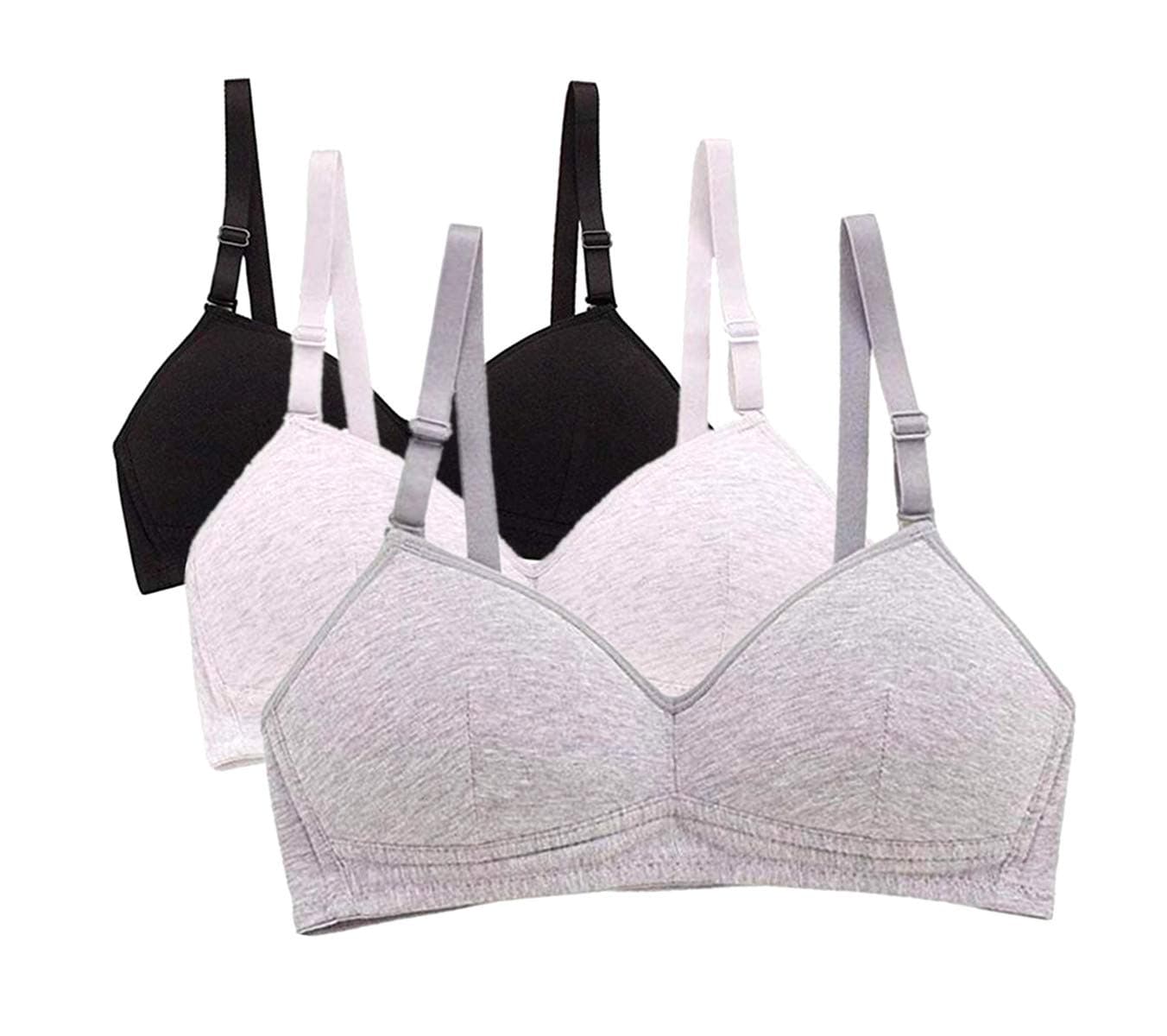 MANJIAMEI Women Teen Girls Thin Cotton Breathable Sports Bra Wire Free Push up Running A-cup Bra Solid 3 PACK 32