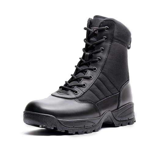 WIDEWAY Men's Tactical Military Work Boots Black Waterproof Leather Motorcycle Combat Army Boot w/Side Zipper slip resistant and All Day Comfortable (6-8inch)