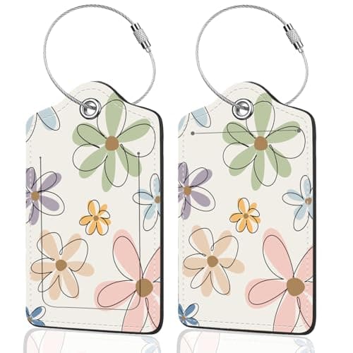 2Pack Luggage Tags for Suitcases, Cute Unique Pu Leather Cruise Luggage Tag with Privacy Cover ID Label Address Card and Metal Ring Suitable for Women Men Kids Travel Bag Linear Flower