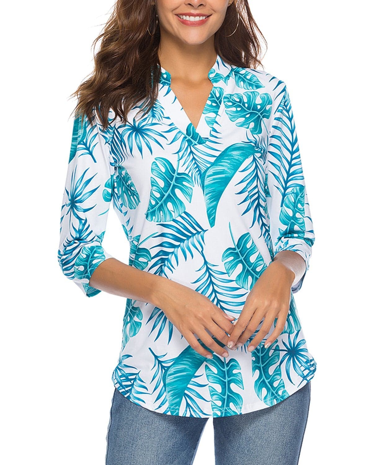 CEASIKERY Women's 3/4 Sleeve Floral V Neck Tops Casual Tunic Blouse Loose Shirt 003