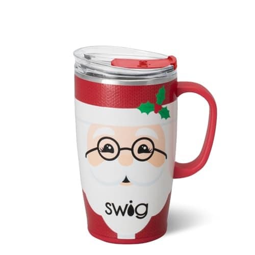 Swig Life 18oz Travel Mug Insulated Tumbler with Handle and Lid Travel Coffee Mug Cup Holder Friendly Stainless Steel 18 oz Tumbler Reusable Insulated with Lid Mr Claus