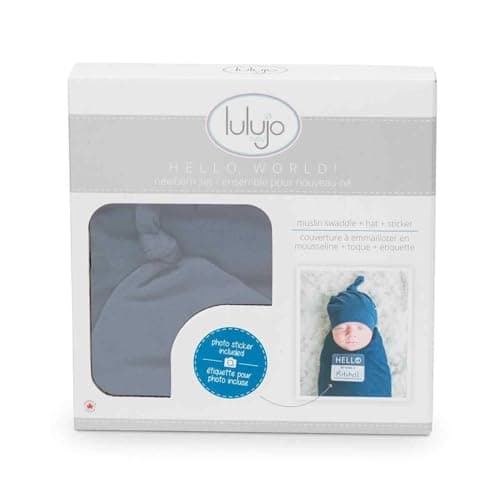 lulujo Birth Announcement Hat & Swaddle Blanket Set| Unisex Softest Bamboo Viscose Muslin Baby Swaddle Blanket| Receiving Blanket | 47in x 47in| Navy