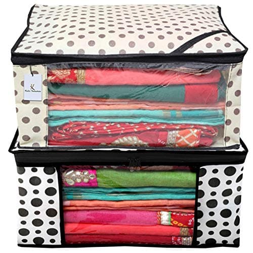Kuber Industries Polka Dot Design 2 Piece Non Woven Fabric Saree Cover Set with Transparent Window, Extra Large, Cream & White -CTKTC40762