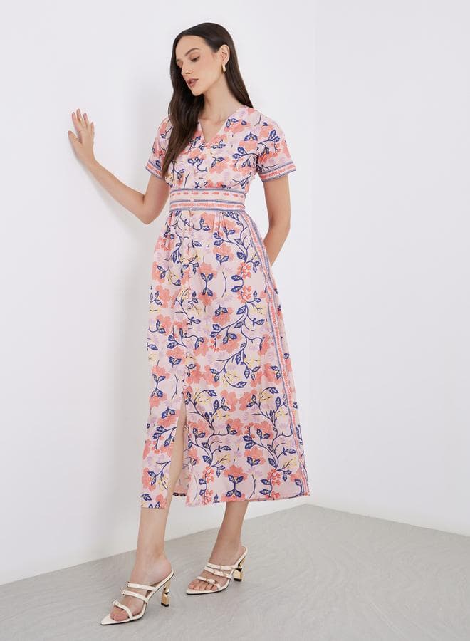 Styli All Over Print V Neck A-Line Maxi Dess