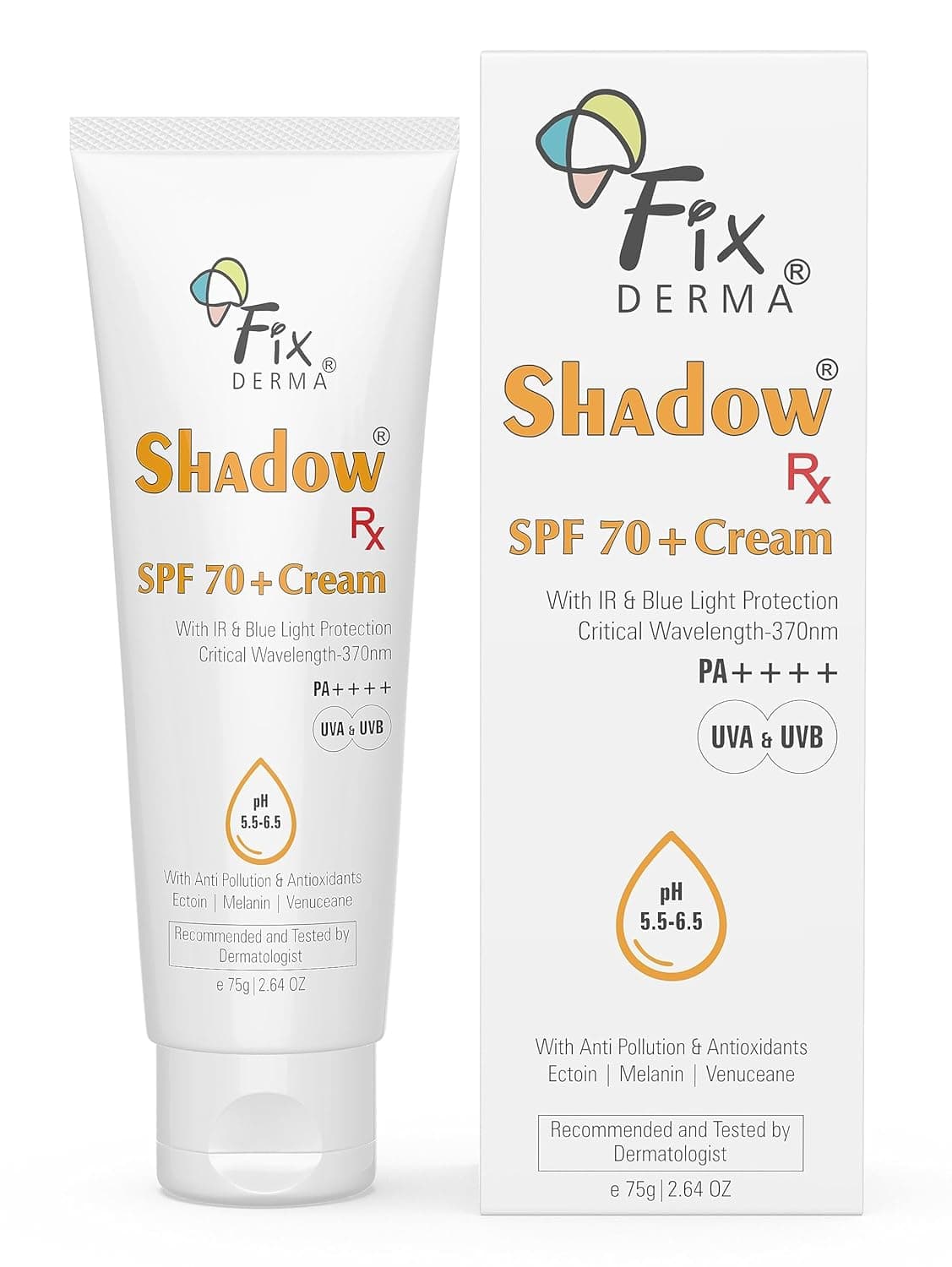 Fixderma Shadow RX Sunscreen SPF 70 Cream Sunscreen for Dry Skin Sunblock SPF 70 Hybrid Sunscreen with UVA UVB Filters Antioxidants IR Protection and Blue Light Protection 75gm