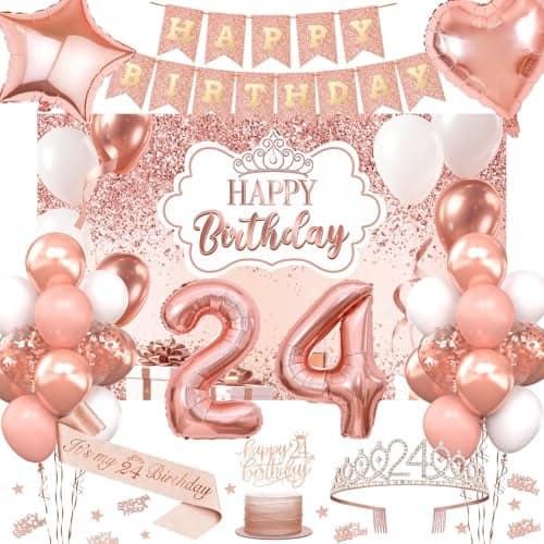 24th Birthday Decorations for Women 52pcs Sweet Rose Gold Happy 24 Birthday Decorations Including 24th Rose Gold Crown Sash Banner Background for 24 Party Decorations Set