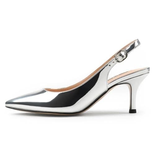 JOY IN LOVE Slingback Kitten Heels for Women Closed Pointed Toe Pumps Dress Shoes Silver Patent 6 US