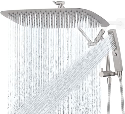 GPromise All Metal 16 Inch Rain Shower Head with Massage Mode Handheld Spray Combo 3Way Diverter with Pause Setting Full Body Coverage Modern Bathroom Upgrade Brushed Nickel