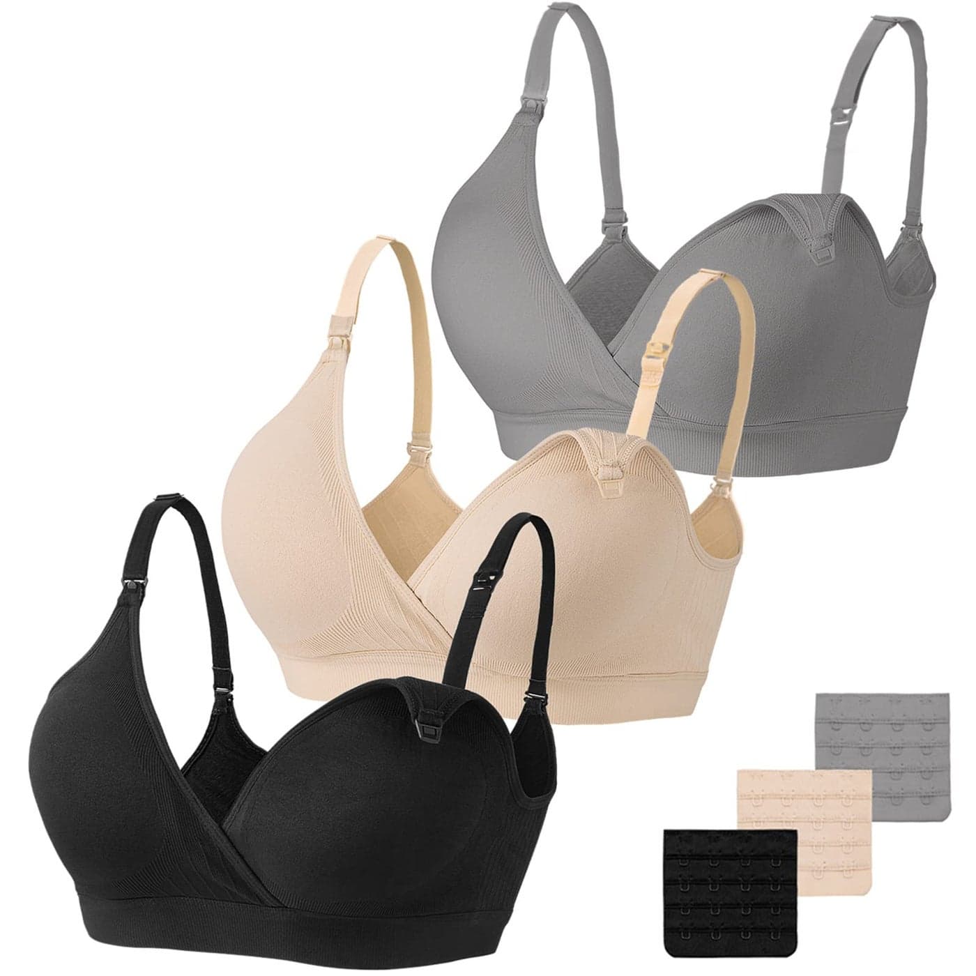 Vinfact 3 Pack Nursing Bras for Breastfeeding Seamless V Neck Maternity Bra Women Pregnancy Breastfeeding Bra - XL,Black/Nude/Grey