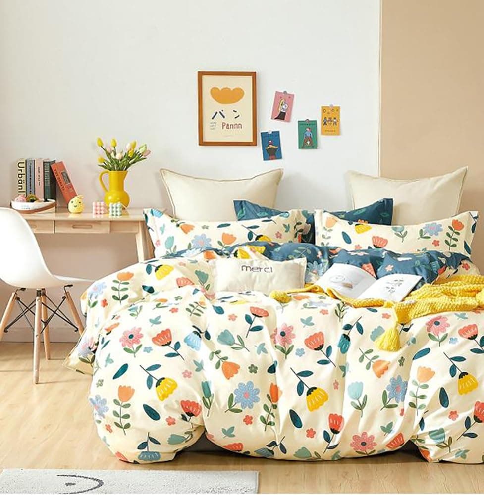 DECOMIZER 300 TC Cotton Feel Glace Cotton Elastic Fitted Printed Queen Size Double Bed Bedsheet with 2 Pillow Cover Fits Upto 8 inches Mattress, Size- 60x78x10 Inches, Yellow Multi Flowers