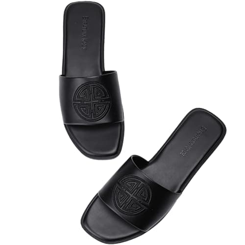 Stratuxx Kaze Womens Flat Sandals Dressy Summer Slide with Memory Foam Comfortable Cute Leather Black Sandals for Women