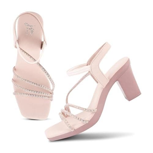 JM LOOKS Women's Sandal Strappy Embellished Heels Ankel Strap Square Toe Lightweight Comfortable Stylish for Wedding Party Festivel Occasion - Pink