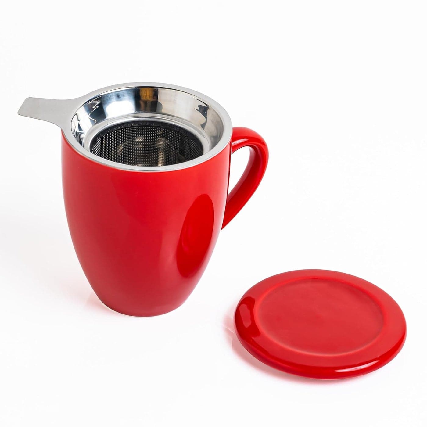 Sipologie Premium Ceramic Tea Mug with StainlessSteel Infuser 300ml Ideal for Office Use and Brewing Loose Leaf Tea High Fired Finely Glazed Ceramic Cup with Lid Red